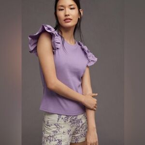 Anthropologie Woven Ruffle Short Sleeve Top in Lavender Purple Sz XS